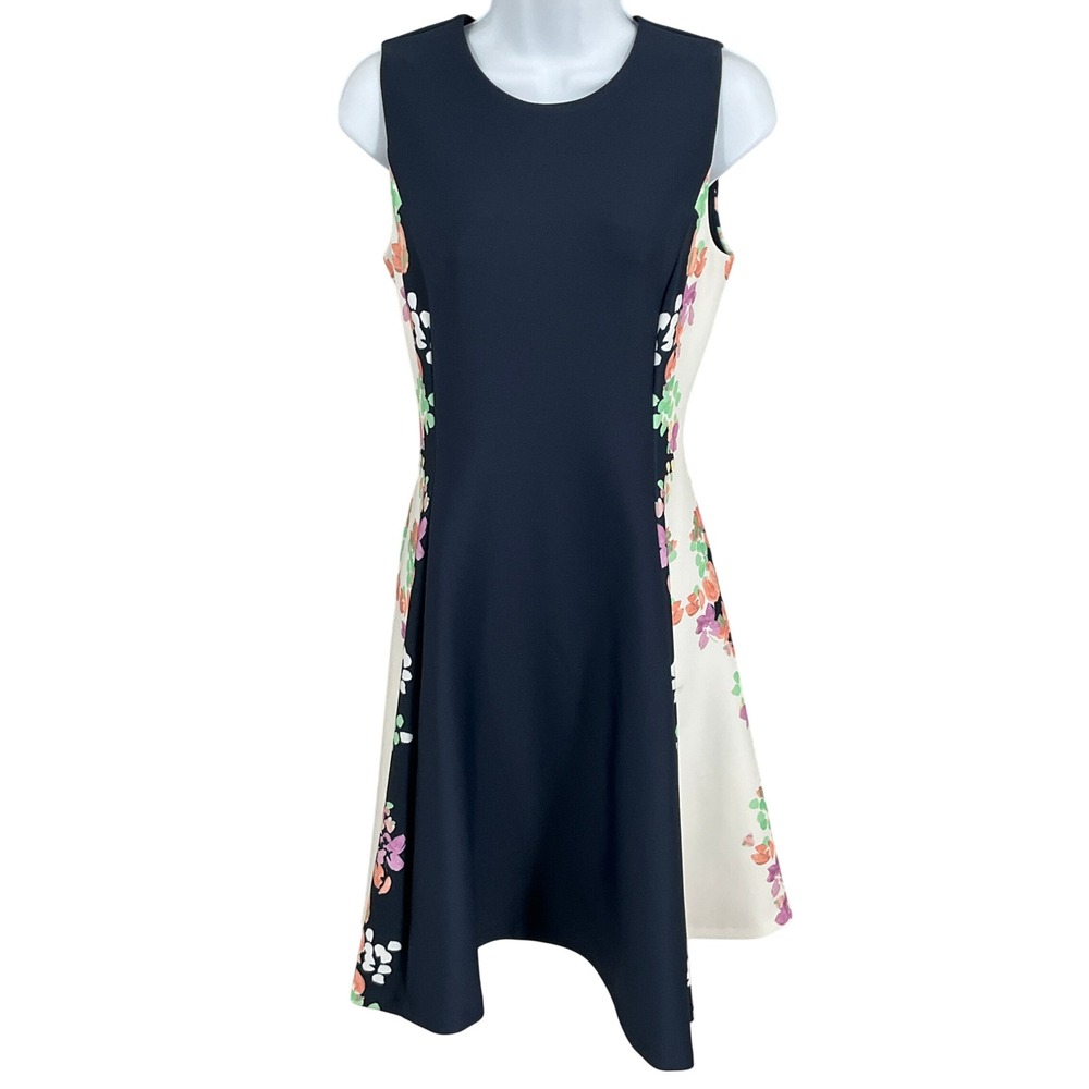 DKNY Dress Womens 2 Navy Floral Side Panel Classic Office Prepppy NEW